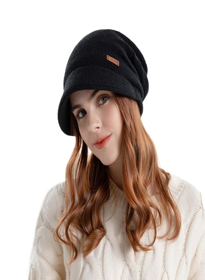 BEARAE Women Slouchy Knit Hat Winter Warm Fleece Lined Beanie Hat Stretchy Skull Cap with Visor Brim Black - Image 5